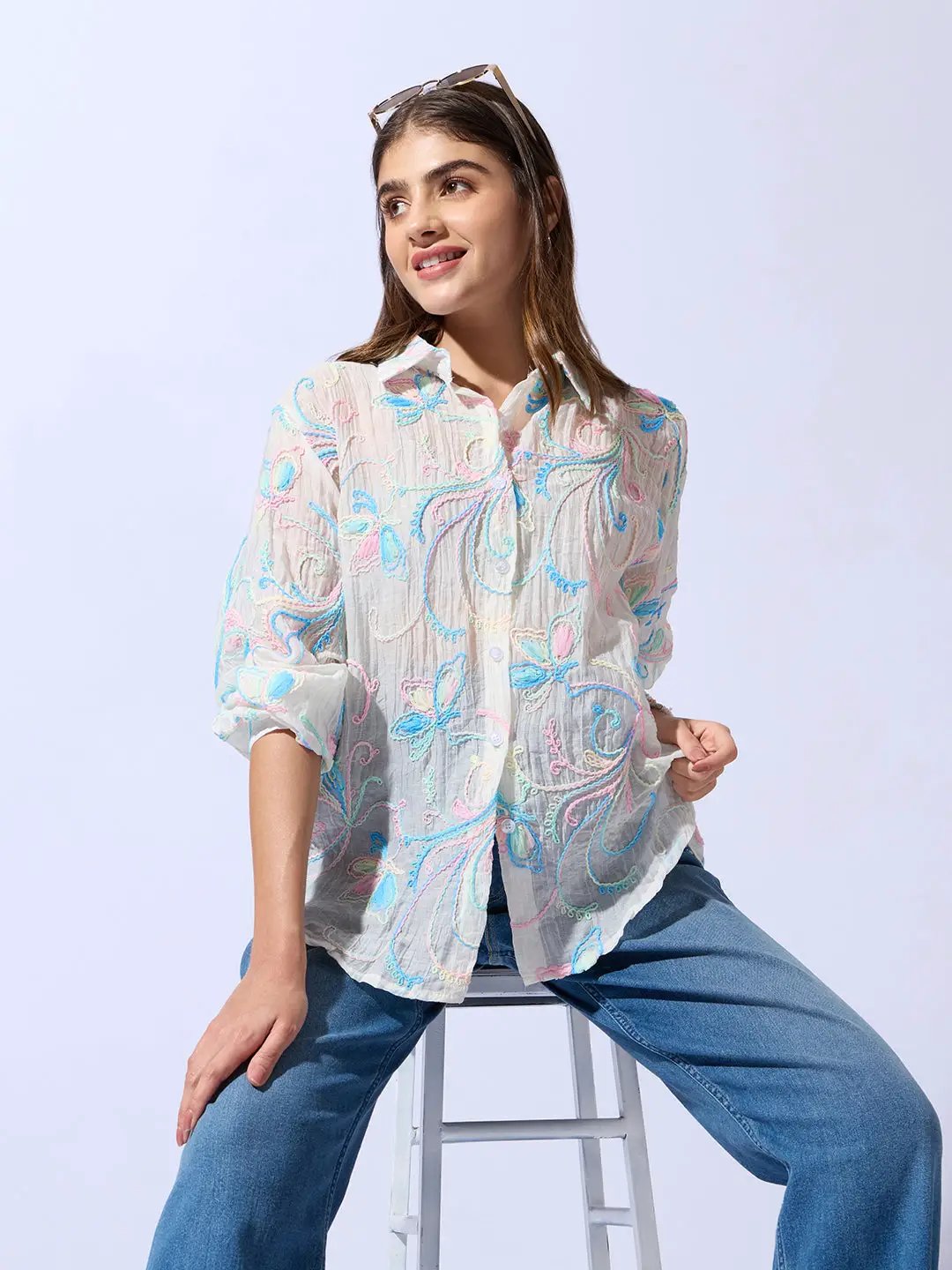 Women's Embroidered Floral White Shirt
