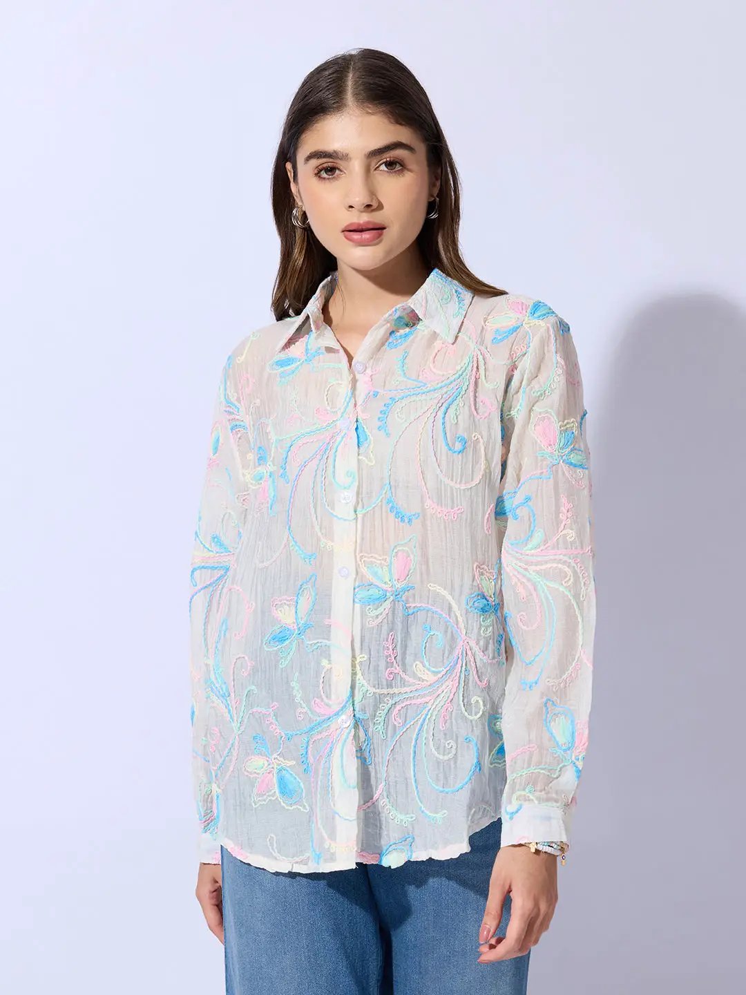 Women's Embroidered Floral White Shirt