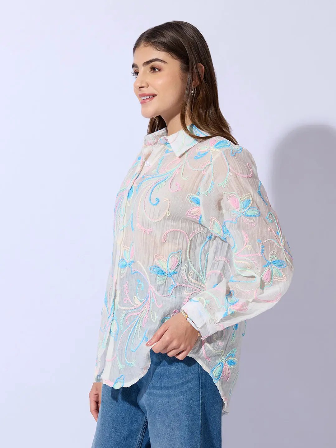 Women's Embroidered Floral White Shirt