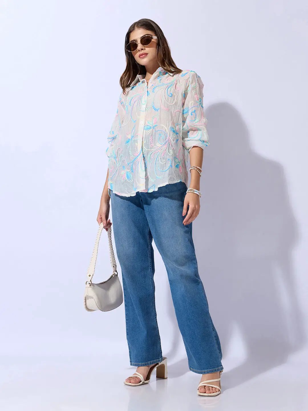 Women's Embroidered Floral White Shirt