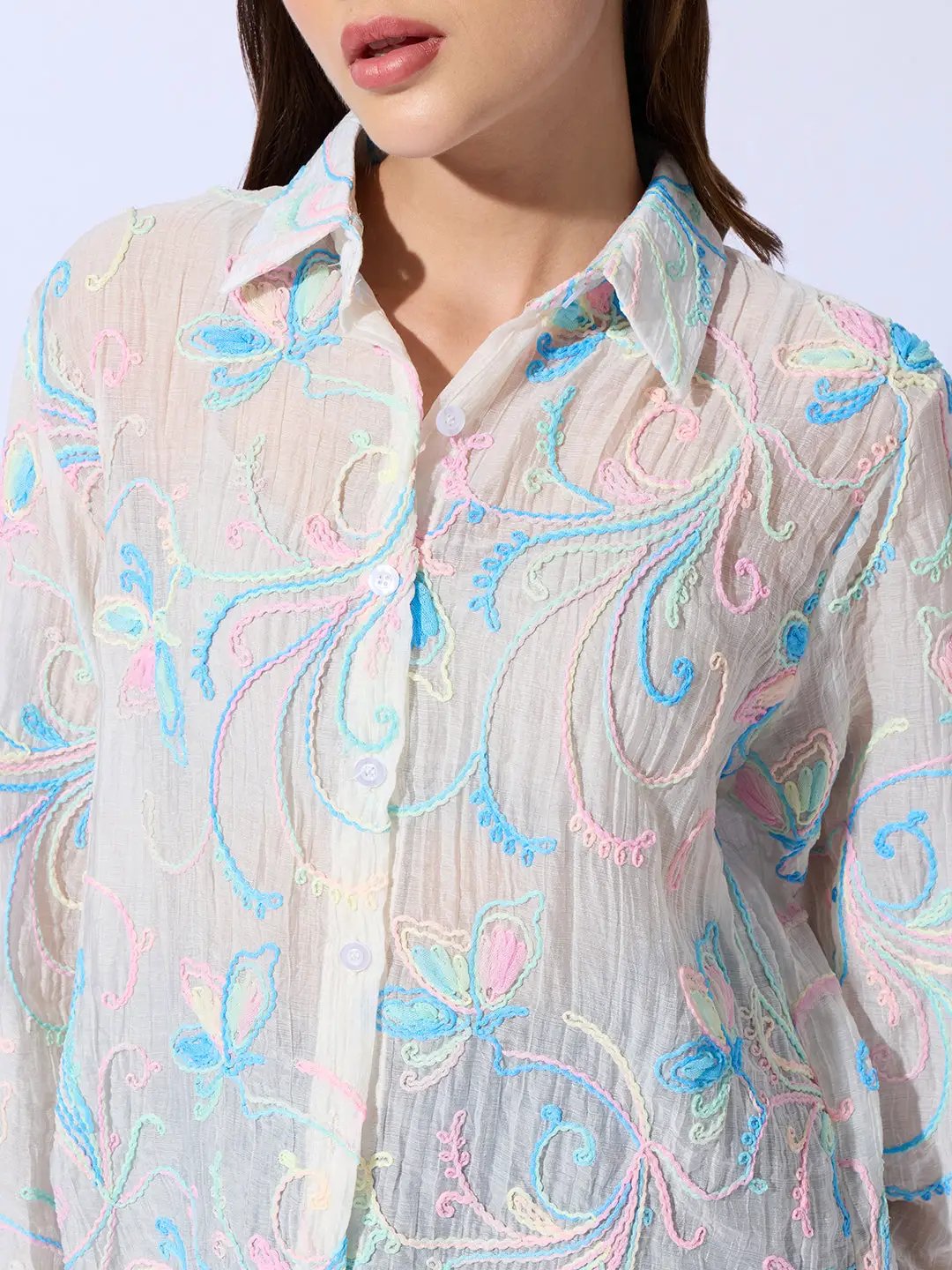 Women's Embroidered Floral White Shirt