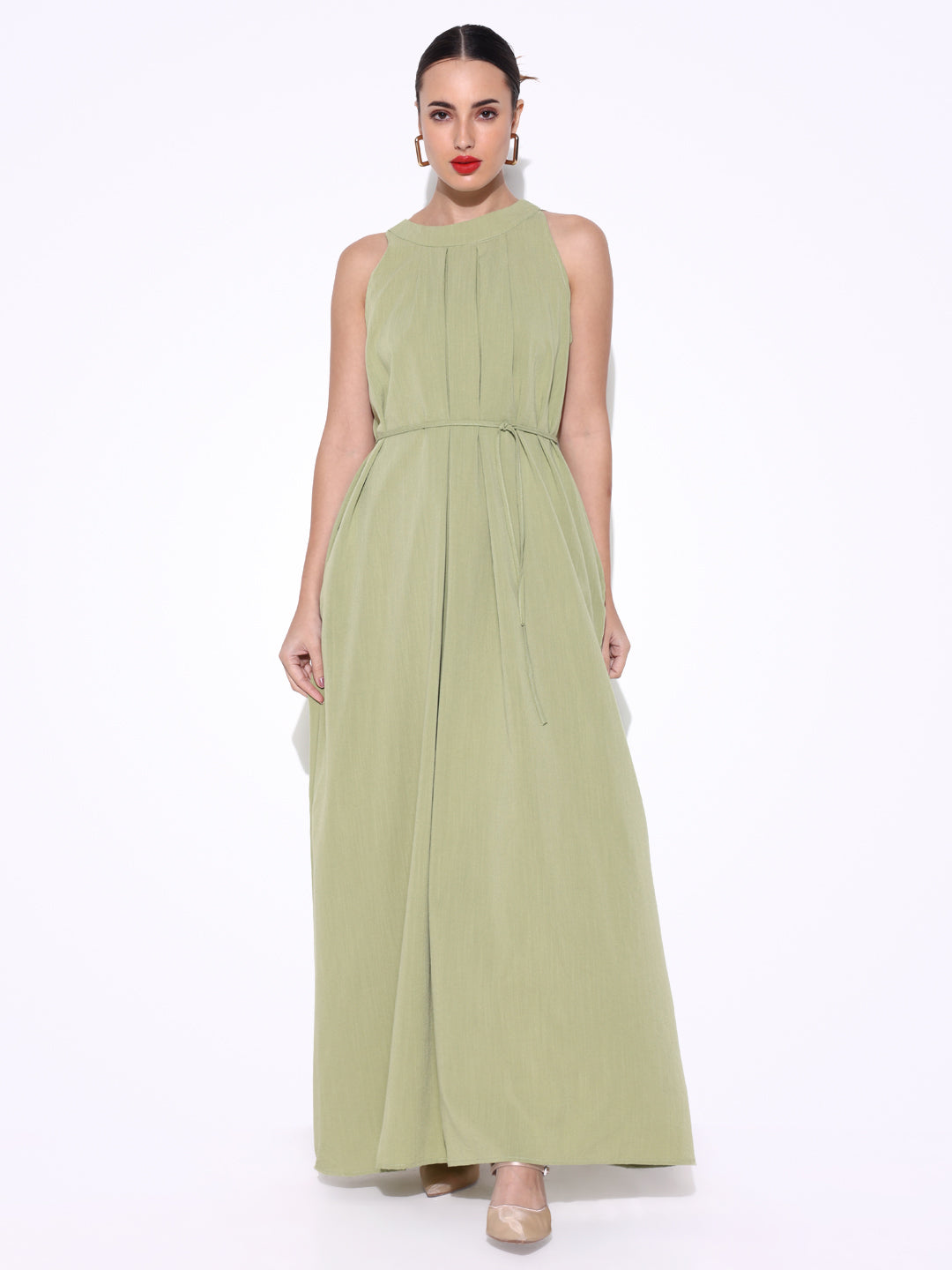 Women Solid Green Fit and Flare Dress