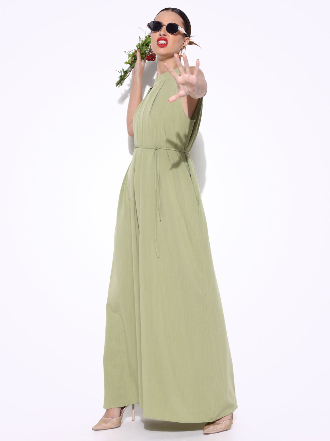 Women Solid Green Fit and Flare Dress