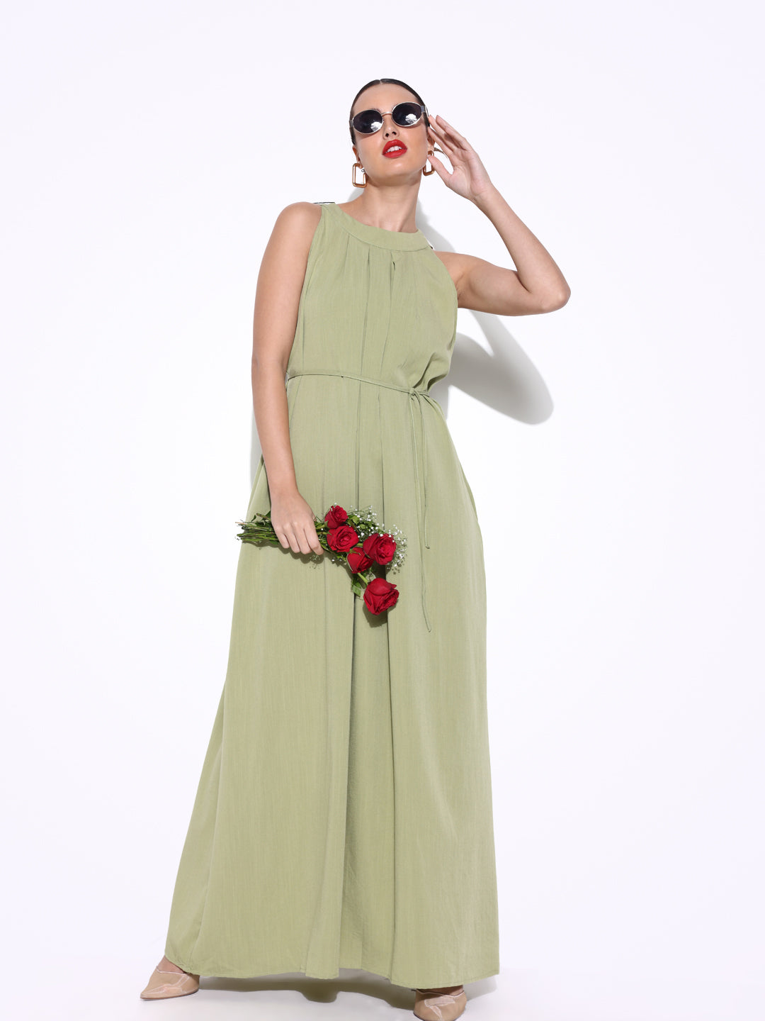 Women Solid Green Fit and Flare Dress