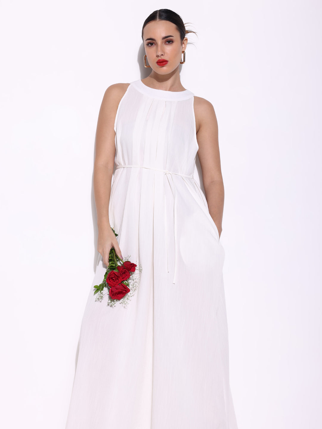 Women Solid White Fit and Flare Dress