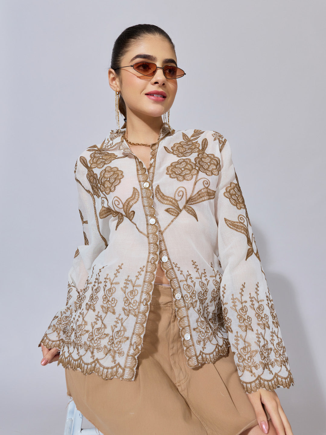 Women's Floral Embroidered Beige Shirt with Scalloped Hem