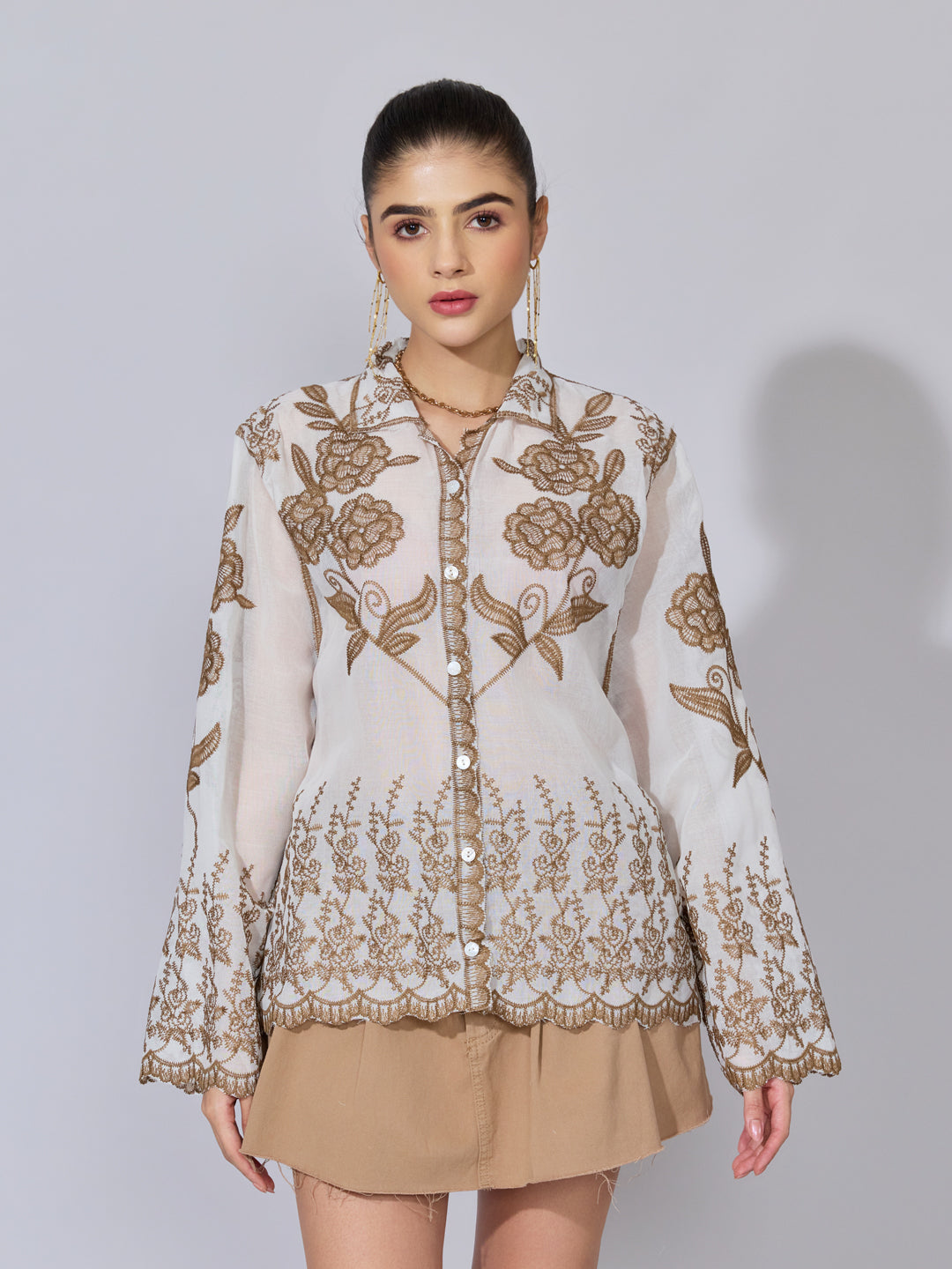 Women's Floral Embroidered Beige Shirt with Scalloped Hem