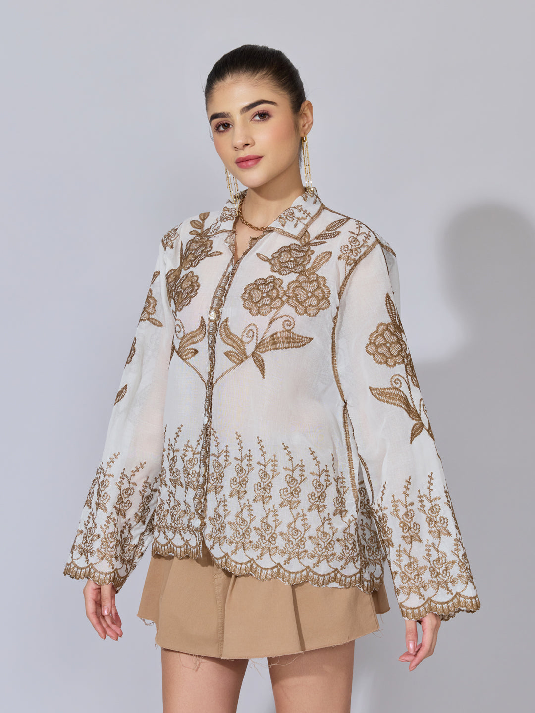 Women's Floral Embroidered Beige Shirt with Scalloped Hem