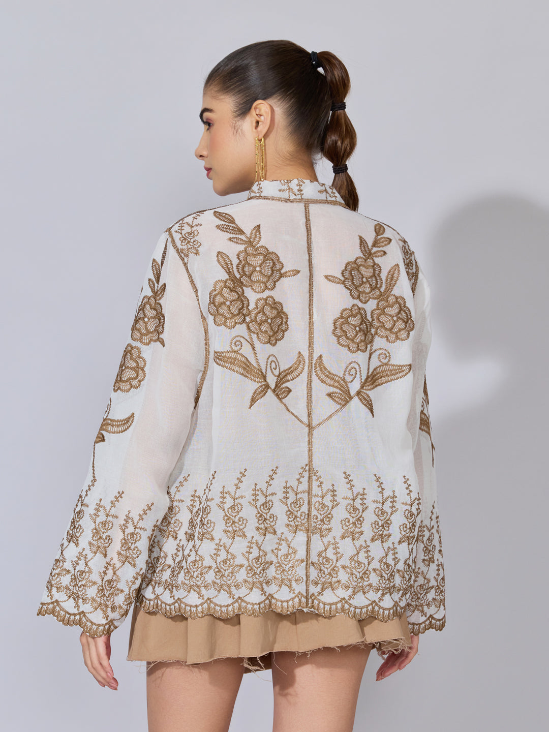 Women's Floral Embroidered Beige Shirt with Scalloped Hem