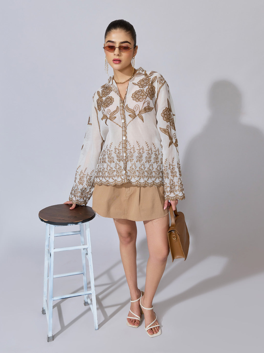 Women's Floral Embroidered Beige Shirt with Scalloped Hem