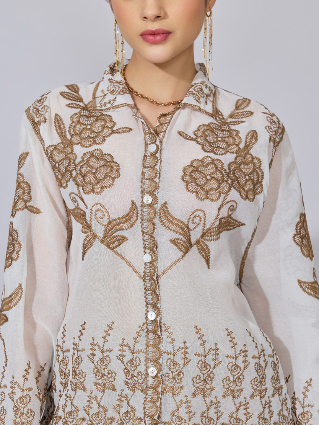Women's Floral Embroidered Beige Shirt with Scalloped Hem