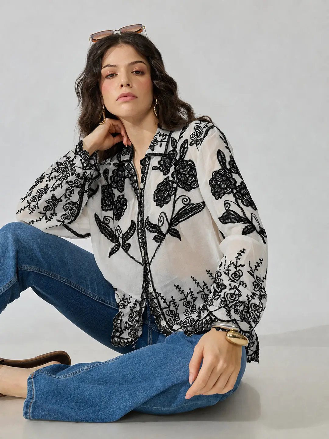 Women's Floral Embroidered Black Shirt with Scalloped Hem - from SHOWOFFFF