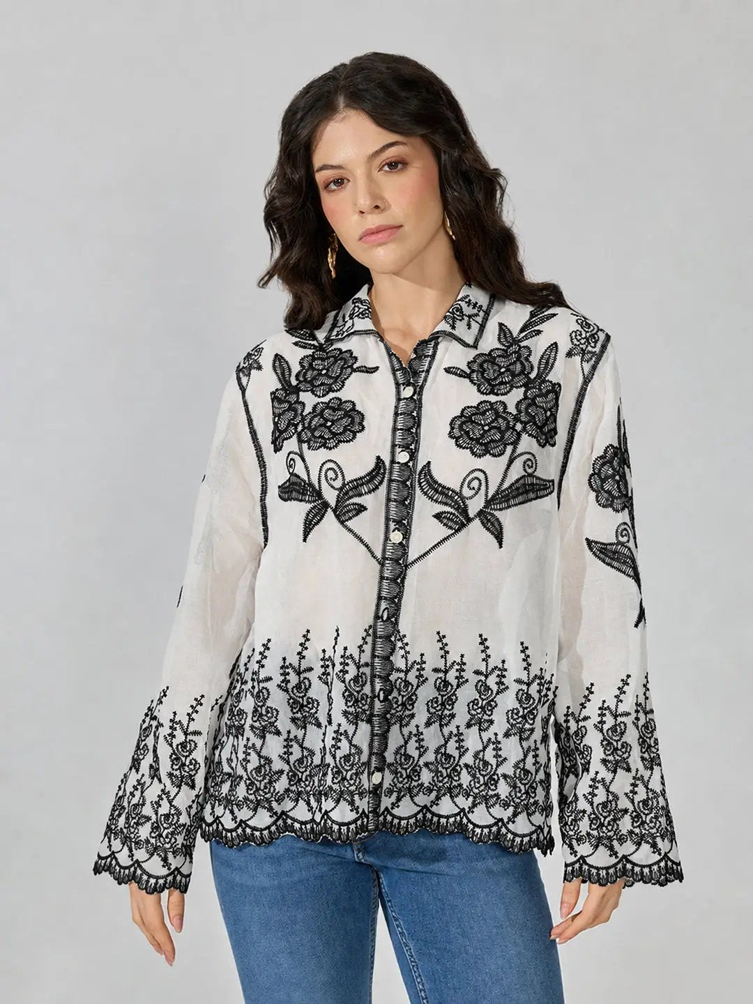 Women's Floral Embroidered Black Shirt with Scalloped Hem - from SHOWOFFFF