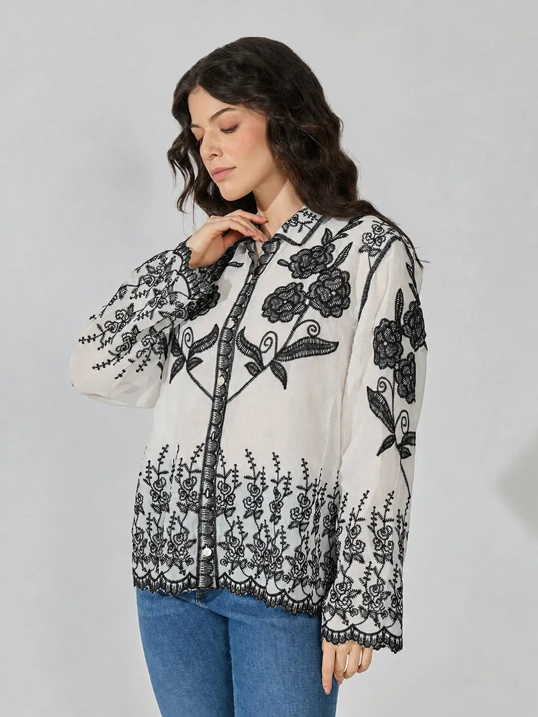 Women's Floral Embroidered Black Shirt with Scalloped Hem - from SHOWOFFFF