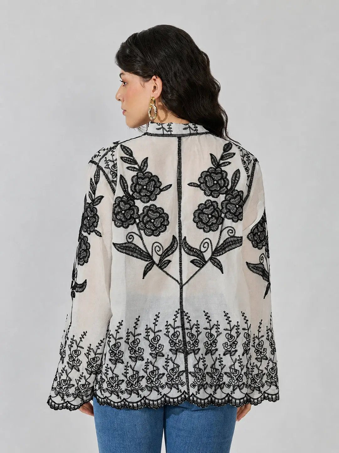 Women's Floral Embroidered Black Shirt with Scalloped Hem - from SHOWOFFFF