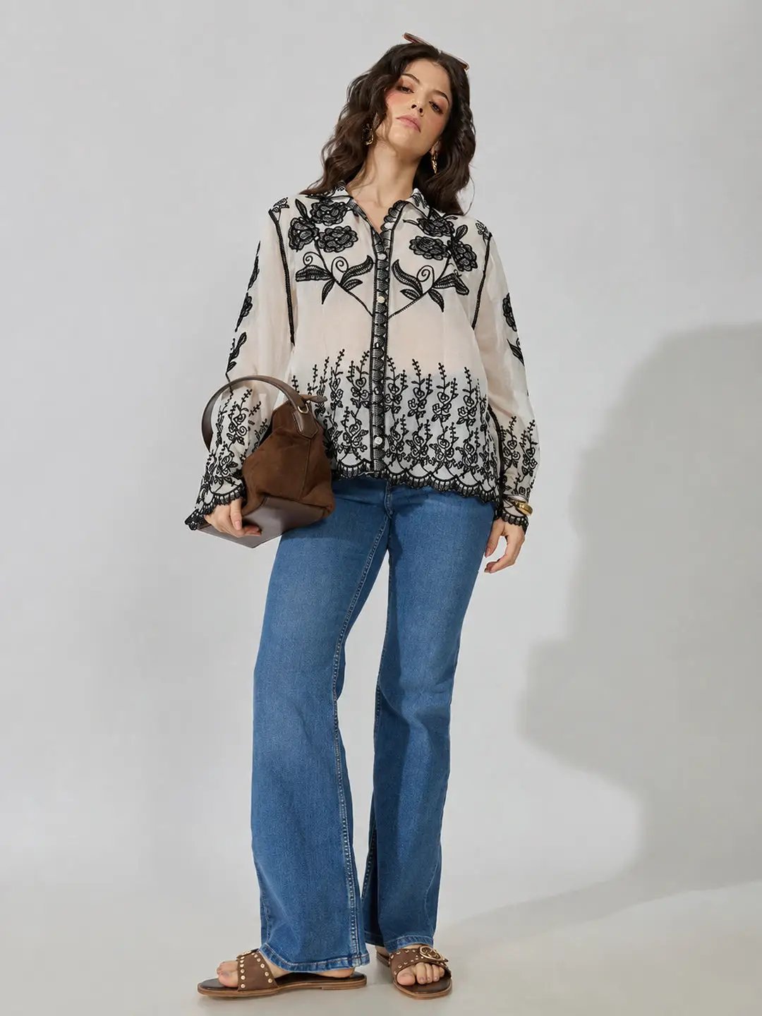 Women's Floral Embroidered Black Shirt with Scalloped Hem - from SHOWOFFFF