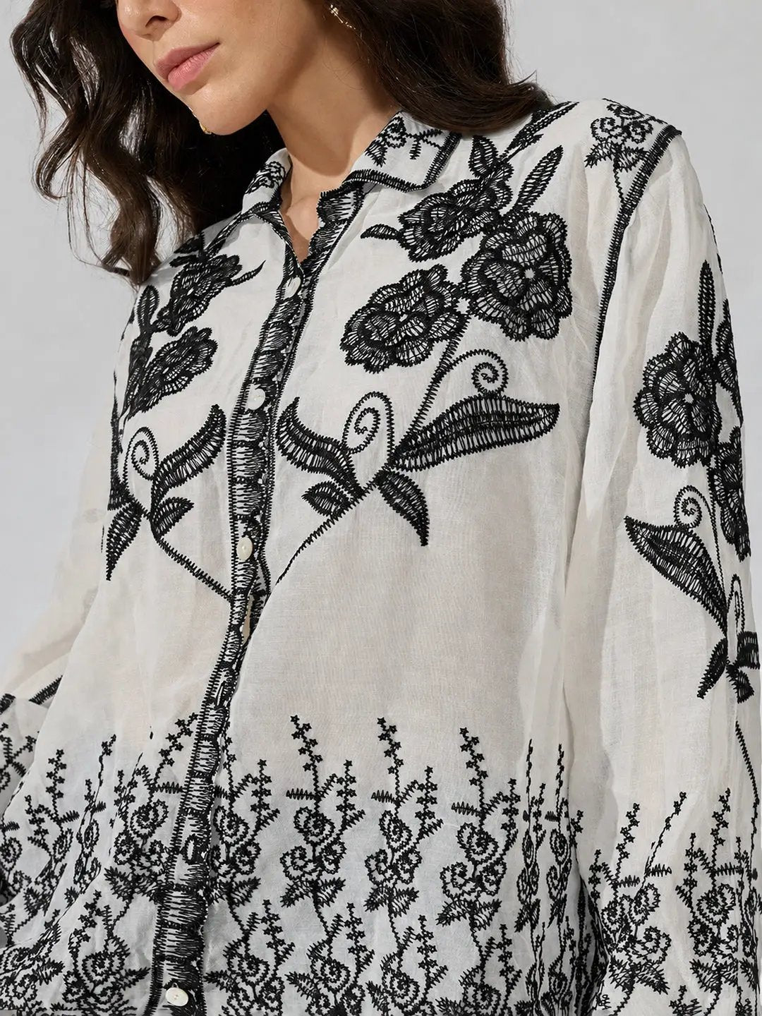 Women's Floral Embroidered Black Shirt with Scalloped Hem - from SHOWOFFFF