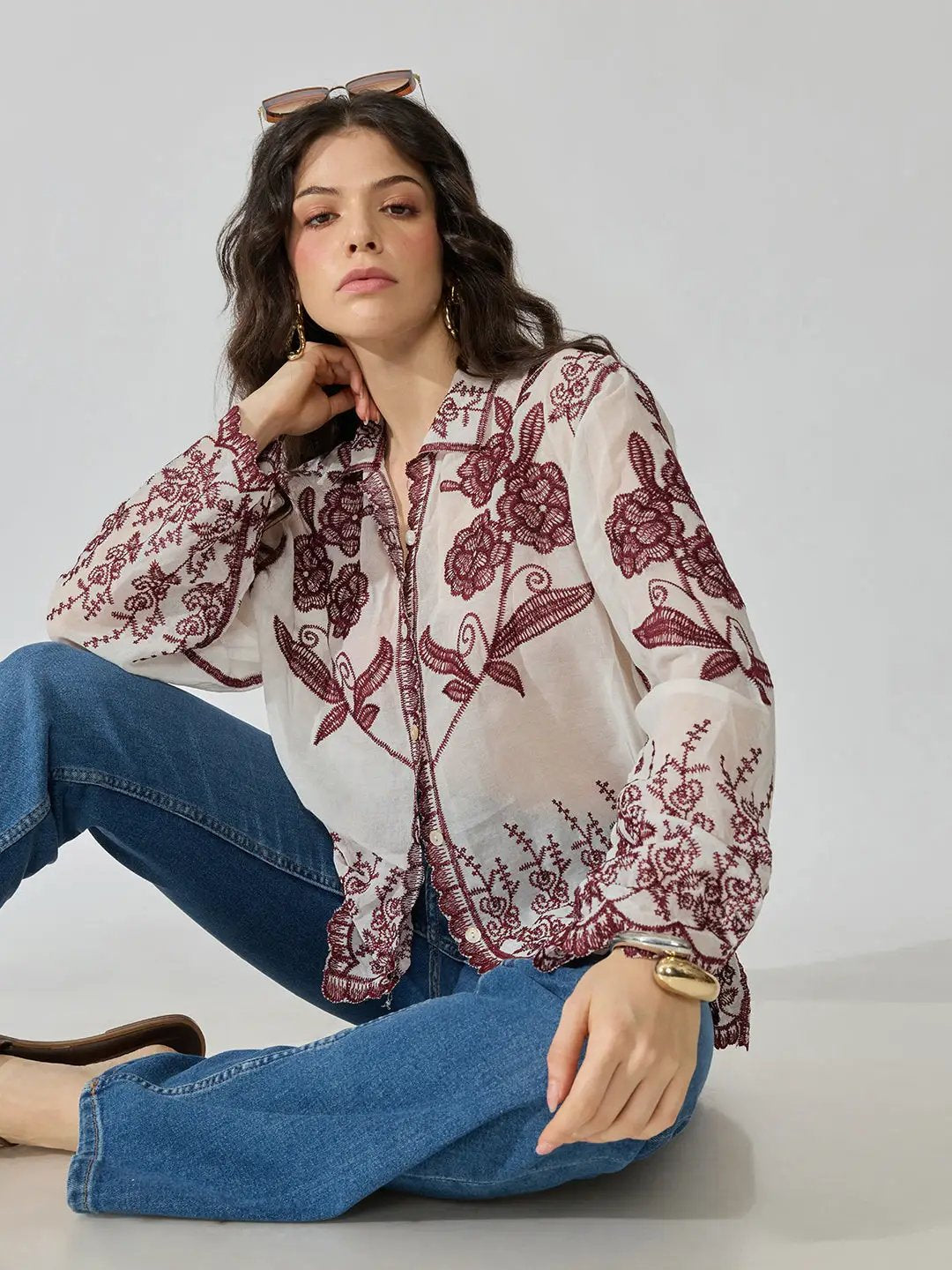 Women's Floral Embroidered Maroon Shirt with Scalloped Hem