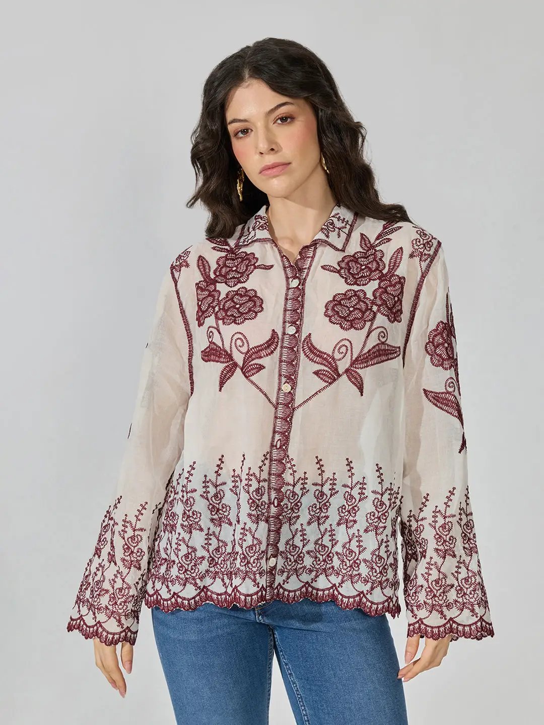 Women's Floral Embroidered Maroon Shirt with Scalloped Hem