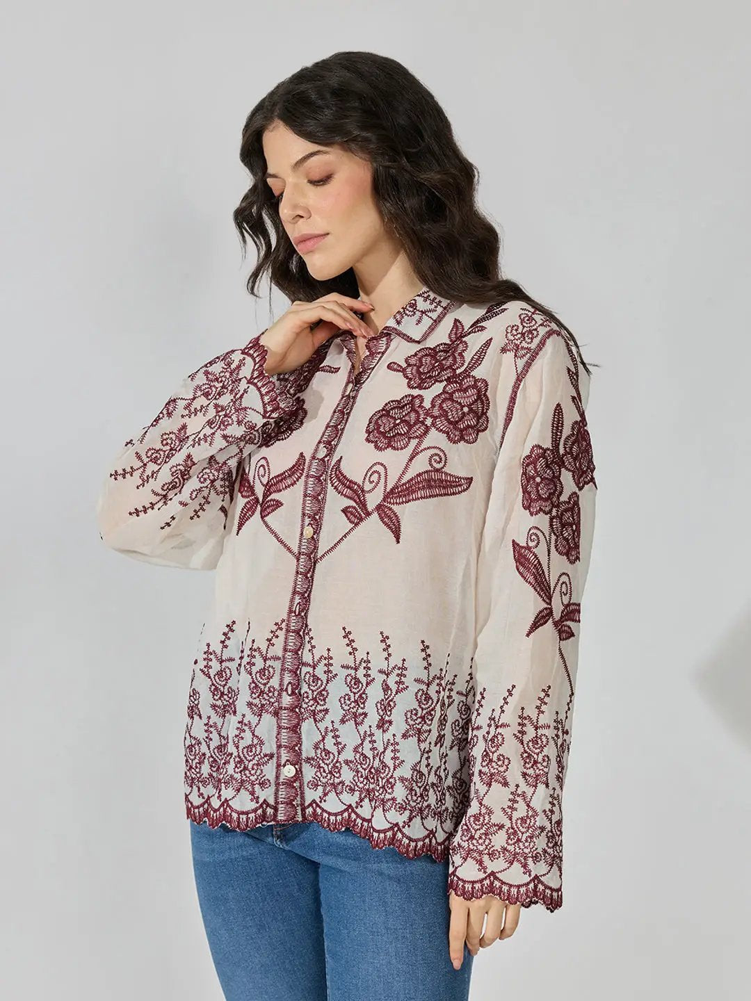 Women's Floral Embroidered Maroon Shirt with Scalloped Hem