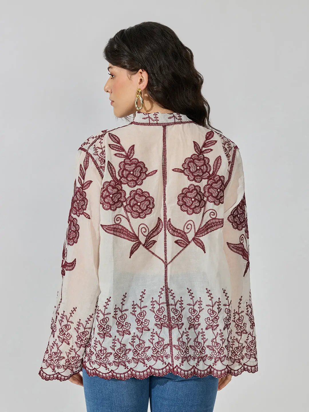 Women's Floral Embroidered Maroon Shirt with Scalloped Hem