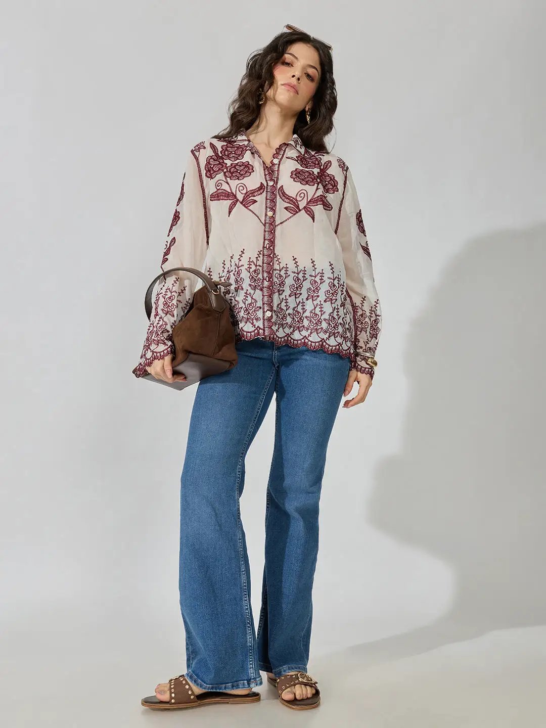 Women's Floral Embroidered Maroon Shirt with Scalloped Hem