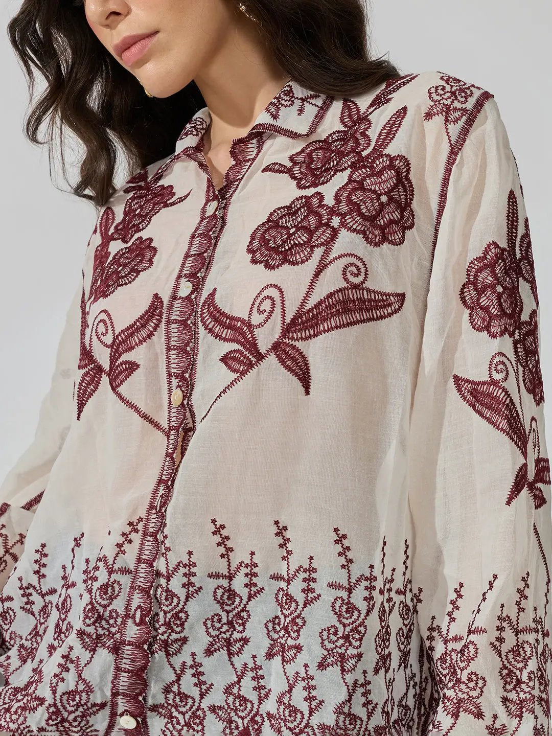 Women's Floral Embroidered Maroon Shirt with Scalloped Hem