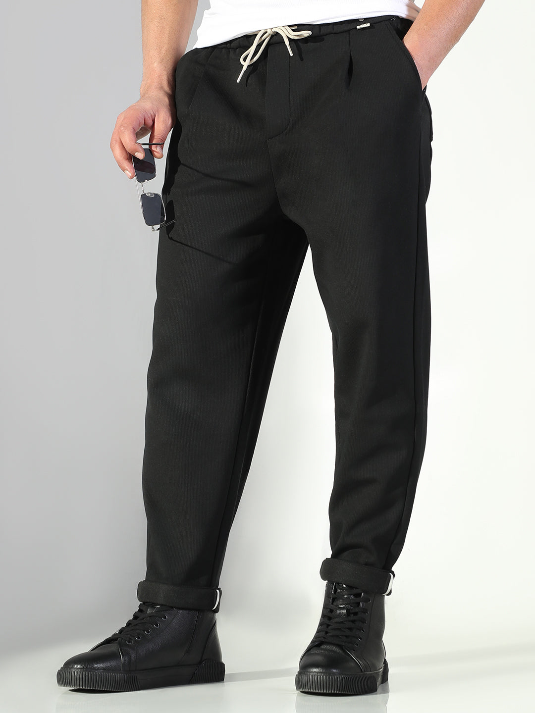 Men Black Solid Korean Trousers