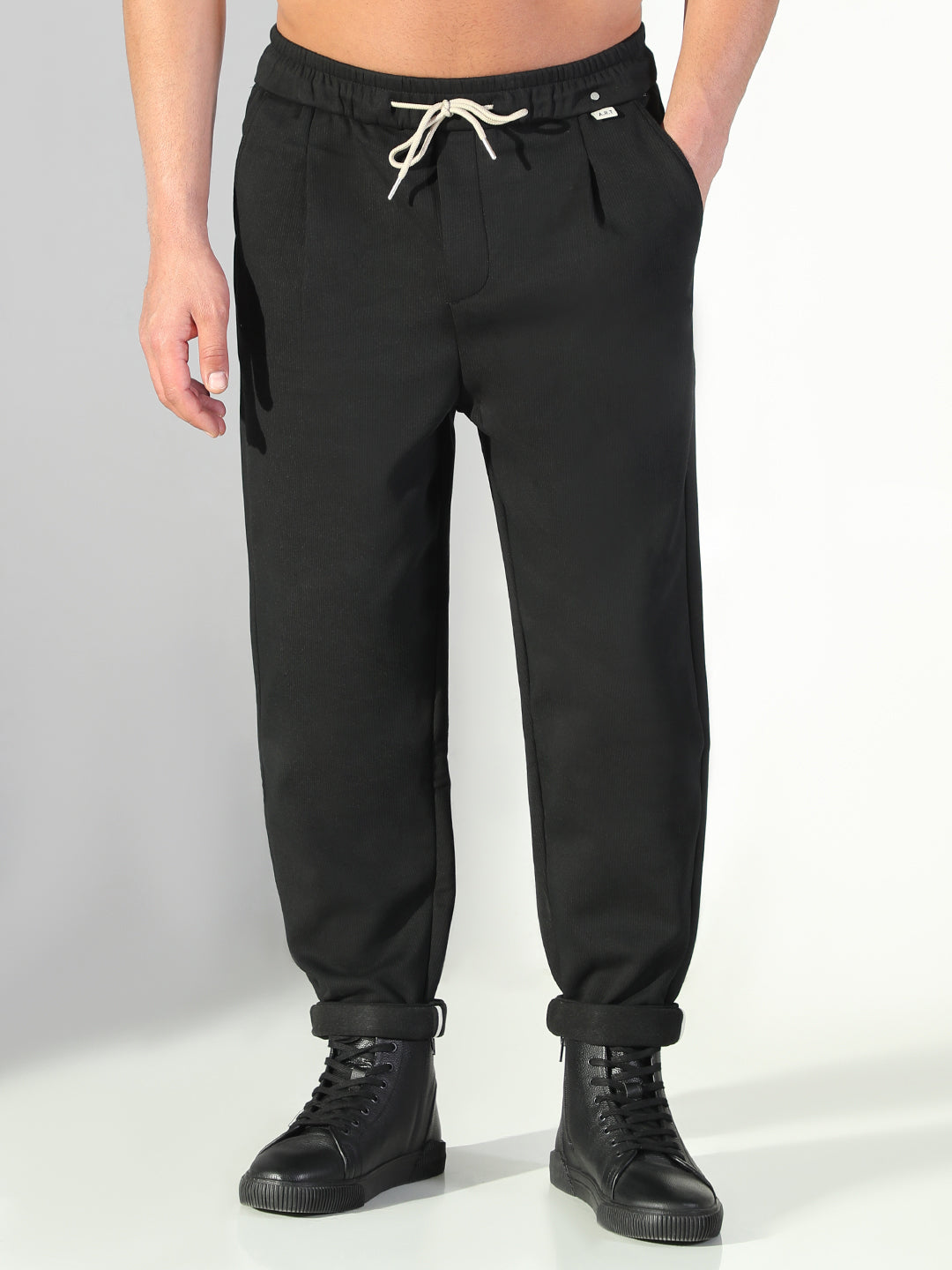 Men Black Solid Korean Trousers