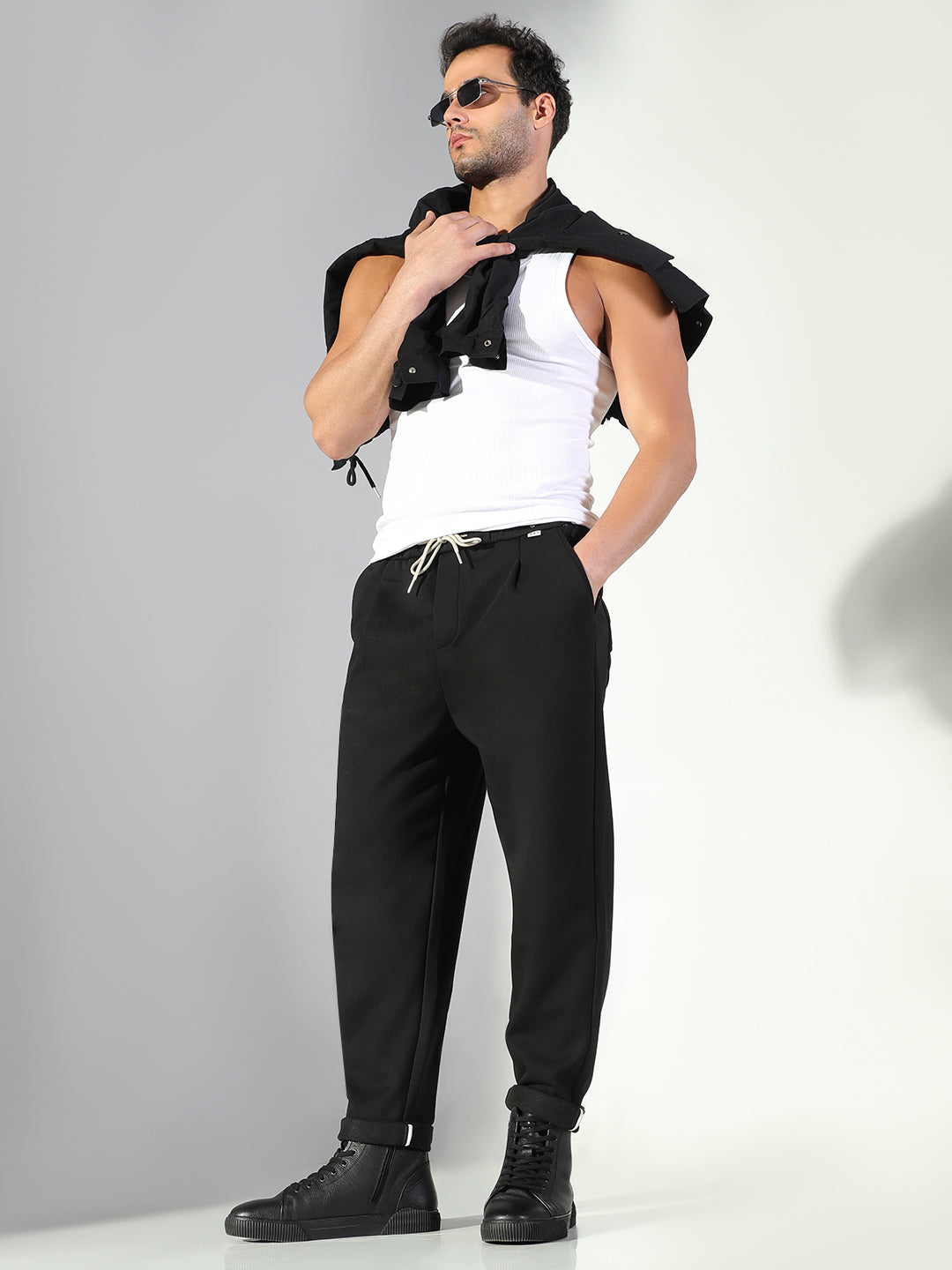 Men Black Solid Korean Trousers