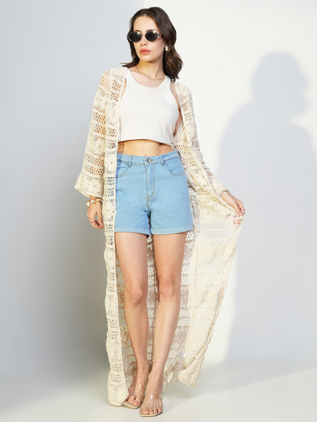 Women Cream Solid Longline Crochet Shrug