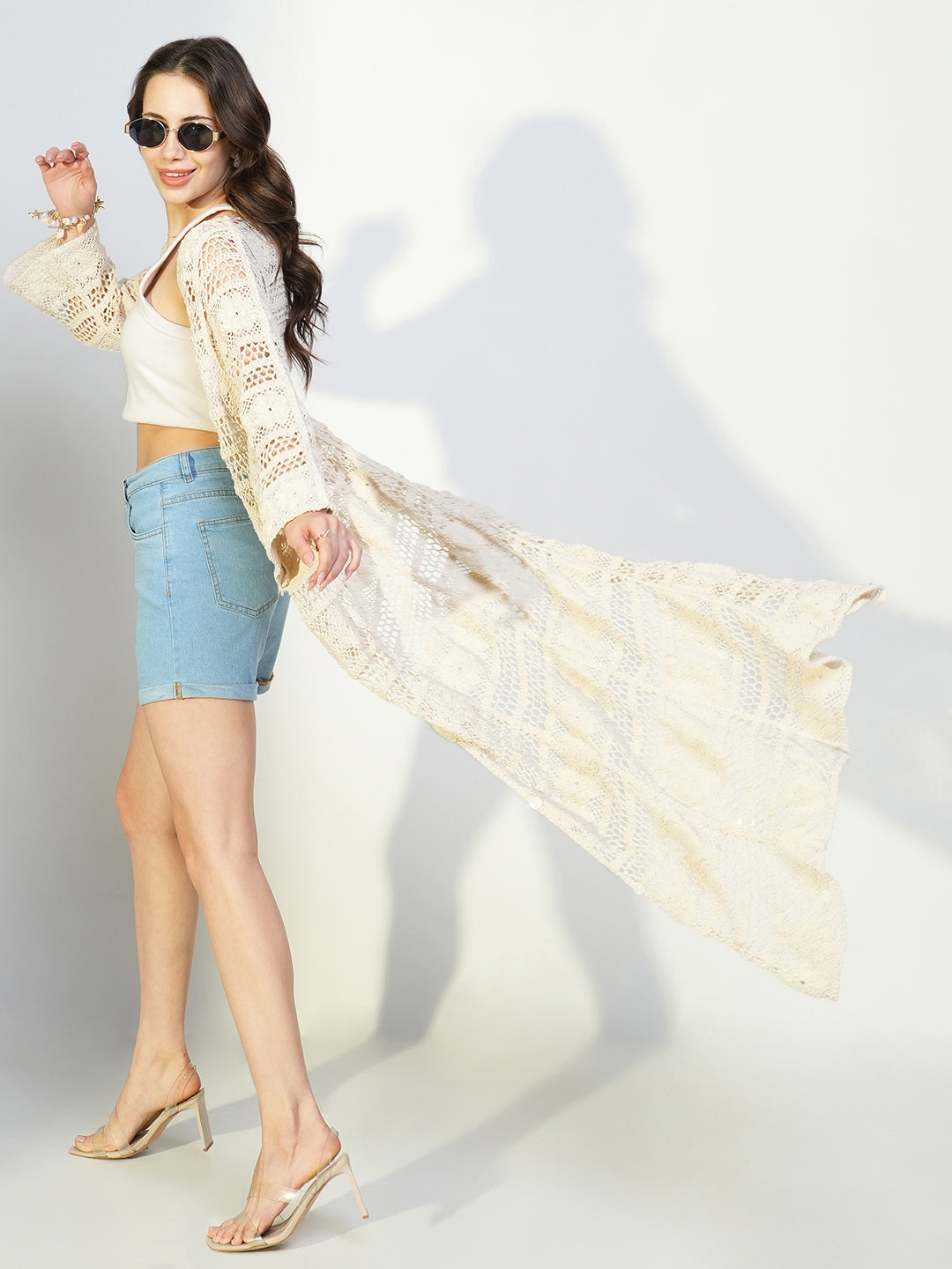 Women Cream Solid Longline Crochet Shrug