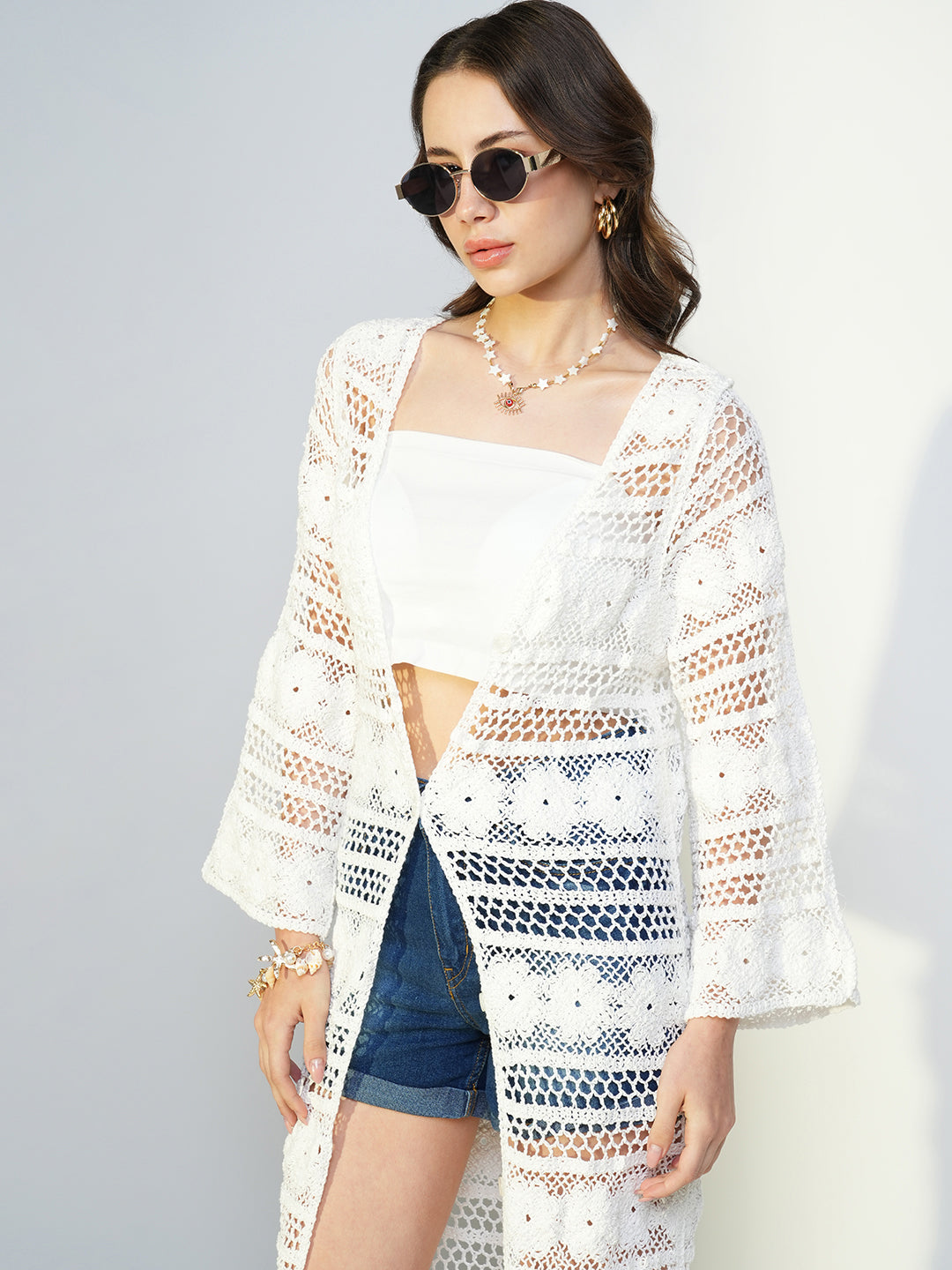 Women White Solid Longline Crochet Shrug