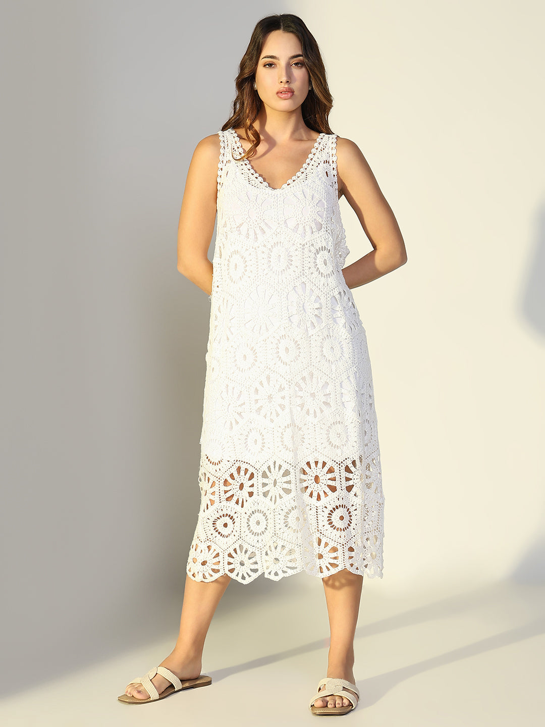 Women Solid White A Line Crochet Dress