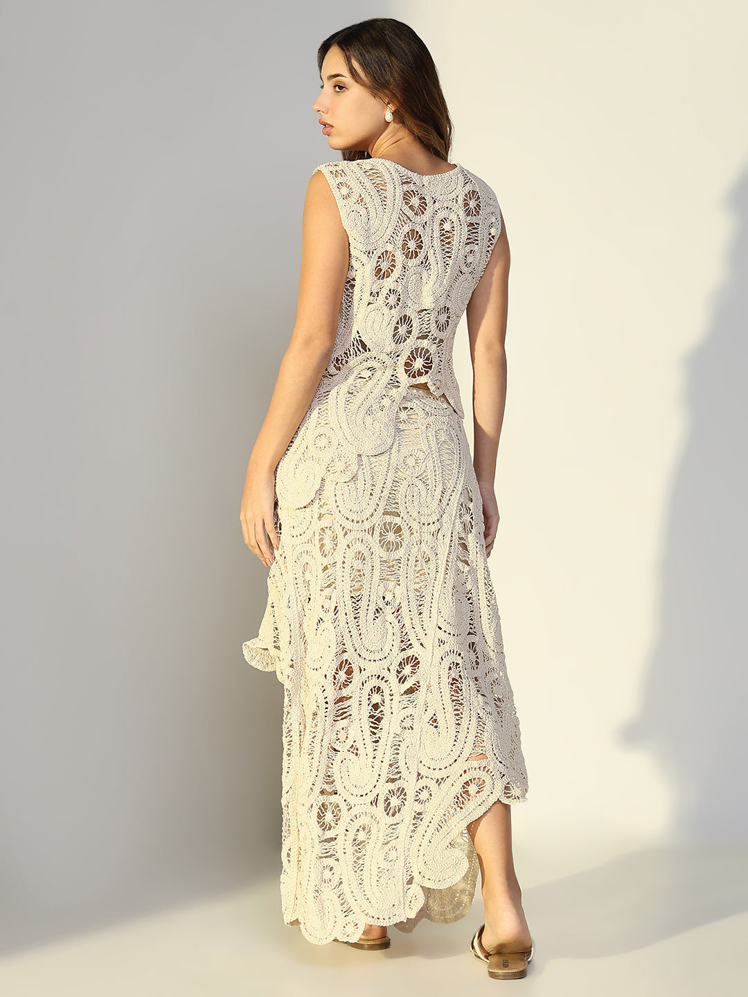 Women's Asymmetric Cream Crochet Sleeveless Top & Skirt Co Ord Set