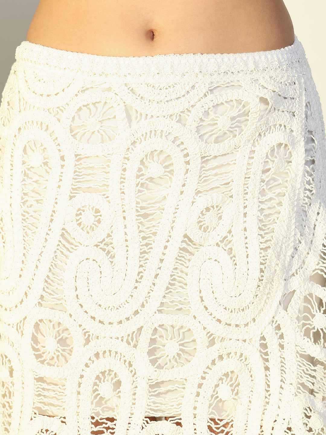 Women's Asymmetric White Crochet Sleeveless Top & Skirt Co Ord Set