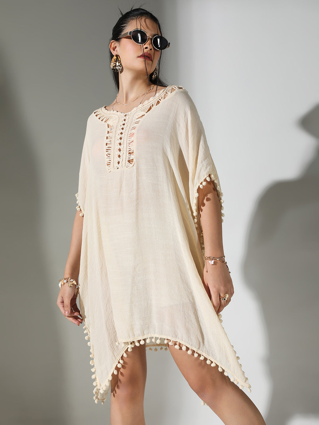 Women Cream Solid Kaftan Dress