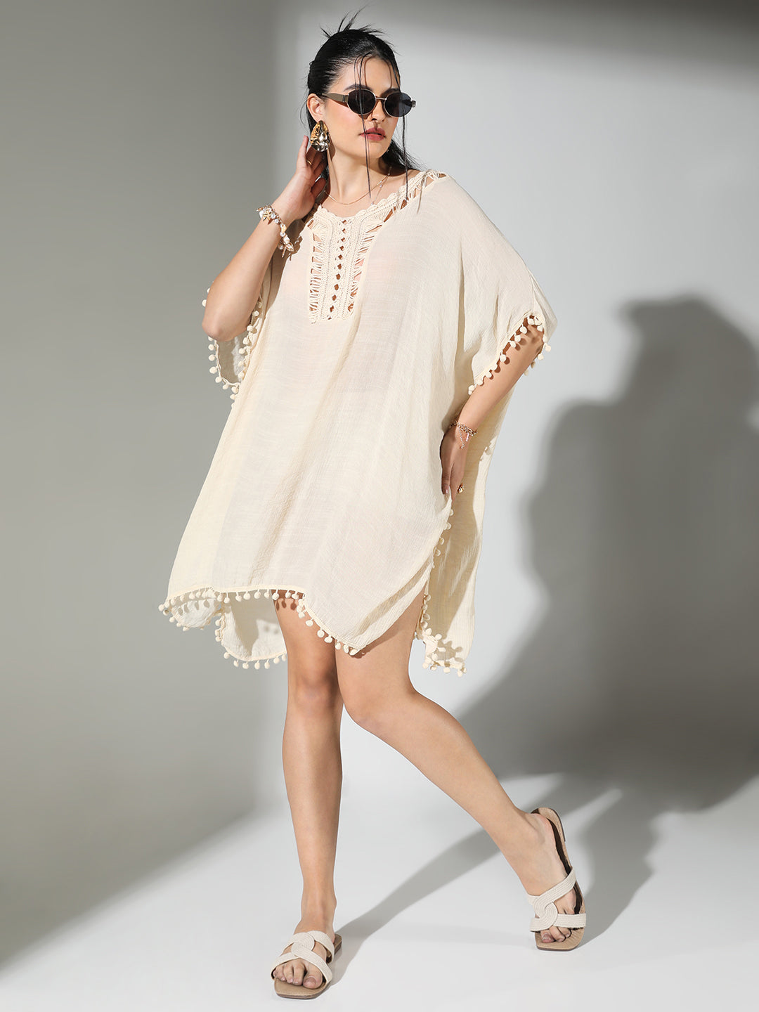 Women Cream Solid Kaftan Dress