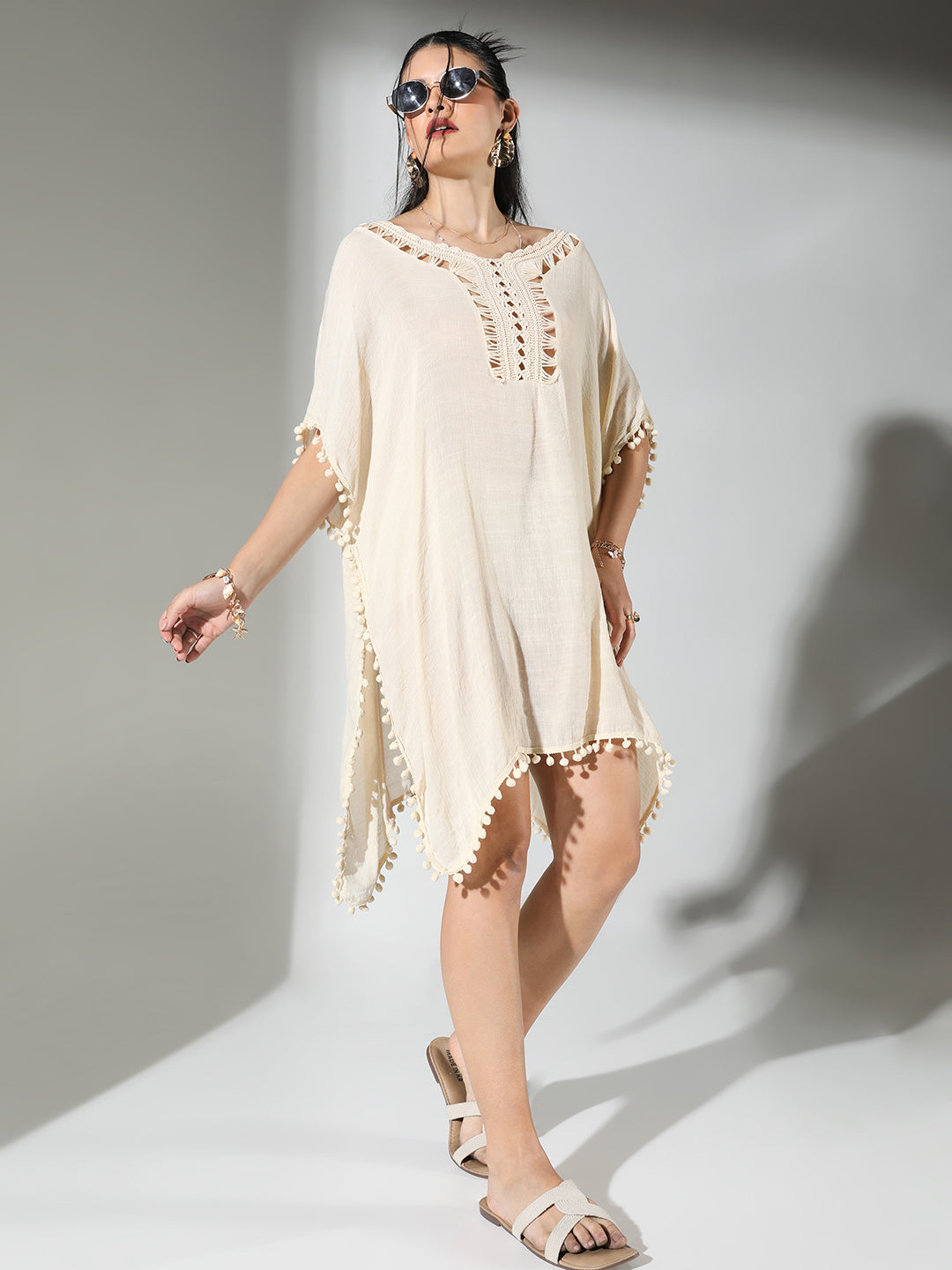 Women Cream Solid Kaftan Dress