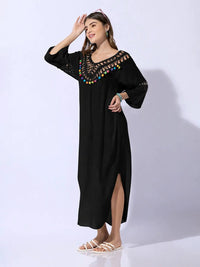 Women's Black Dress with Pom-Poms and Crochet Detail