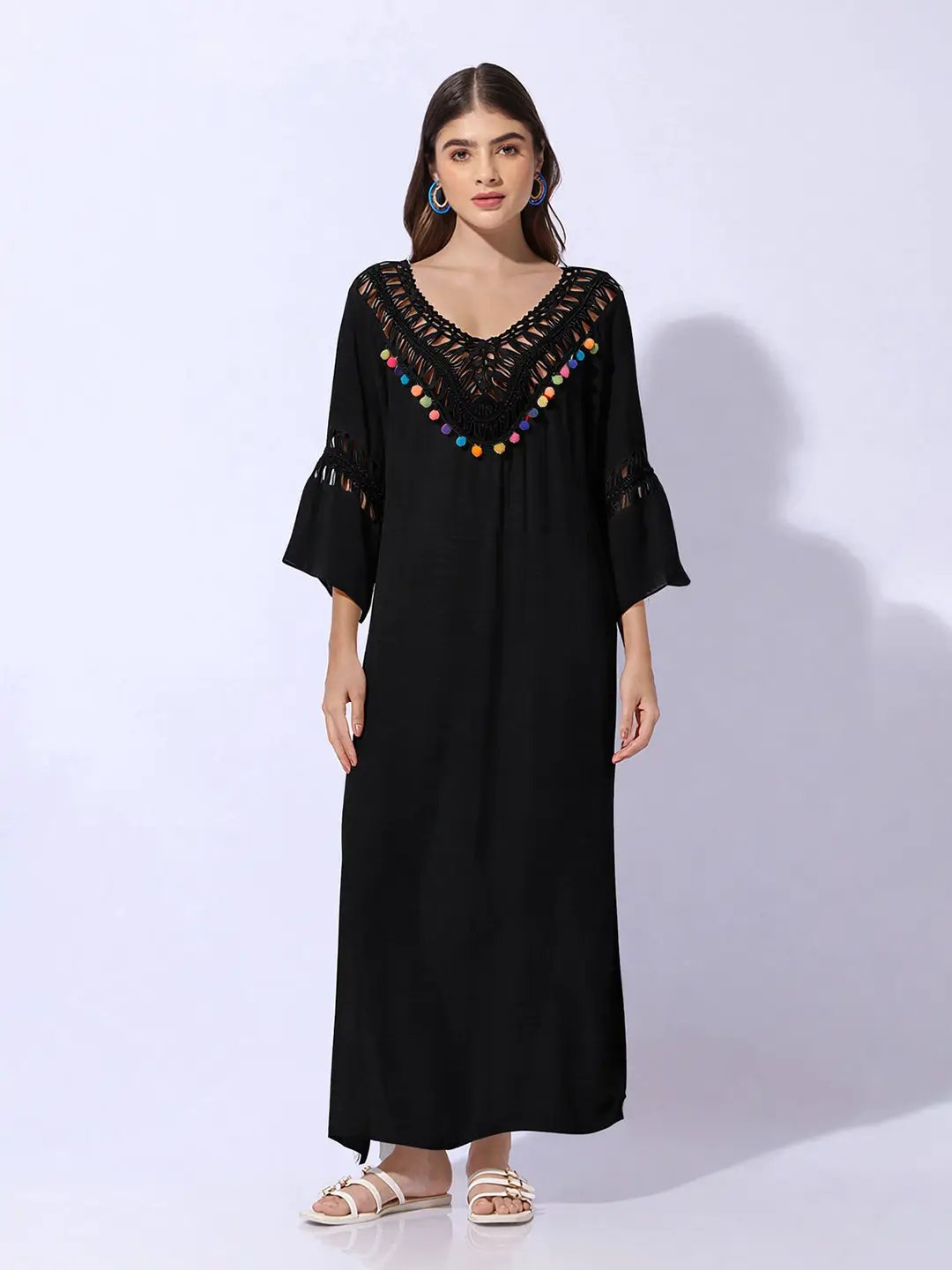 Women's Black Dress with Pom-Poms and Crochet Detail