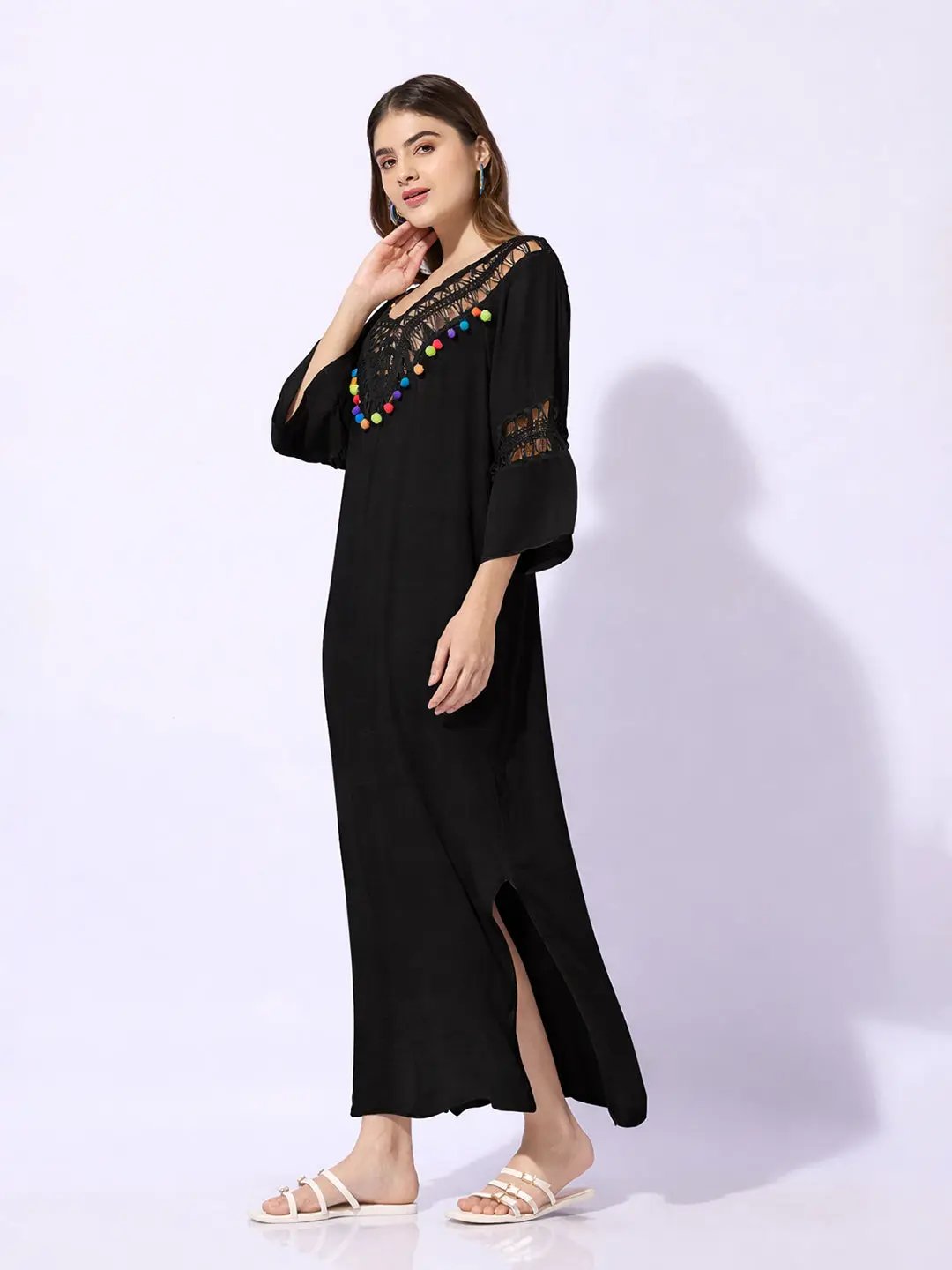 Women's Black Dress with Pom-Poms and Crochet Detail