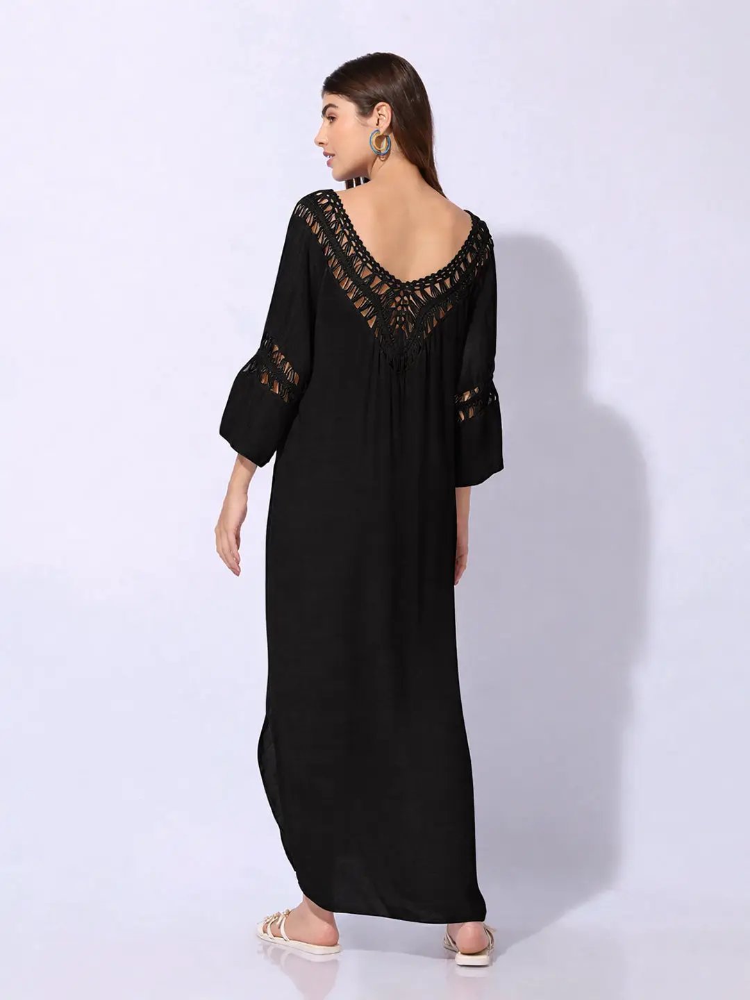Women's Black Dress with Pom-Poms and Crochet Detail