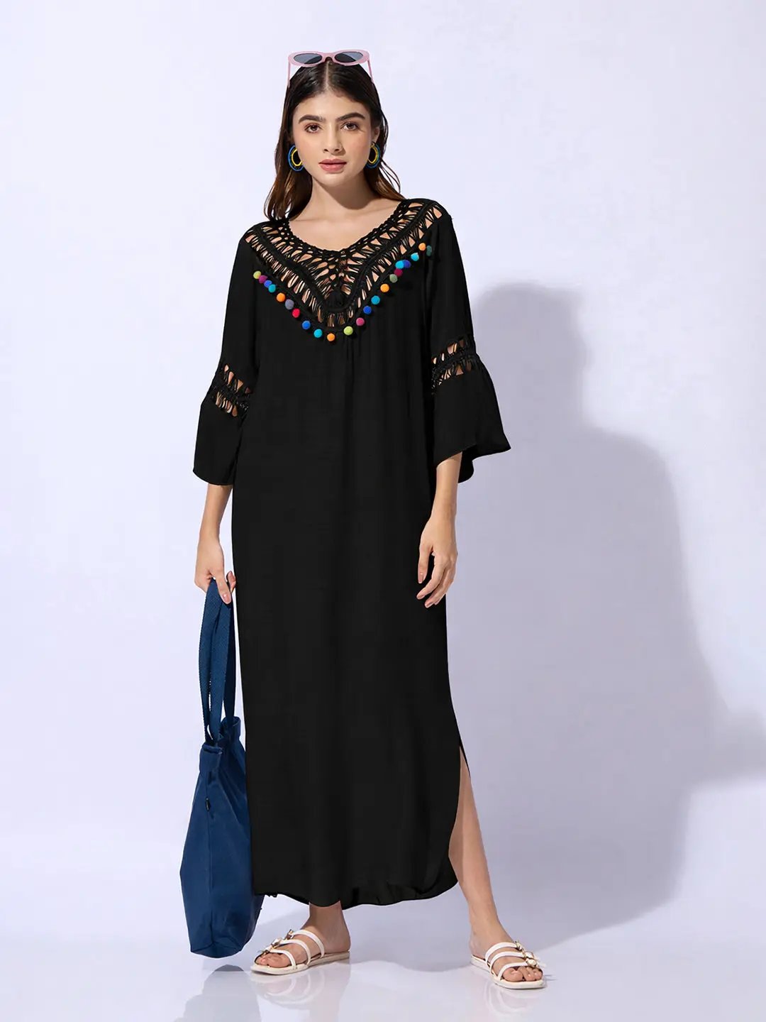 Women's Black Dress with Pom-Poms and Crochet Detail
