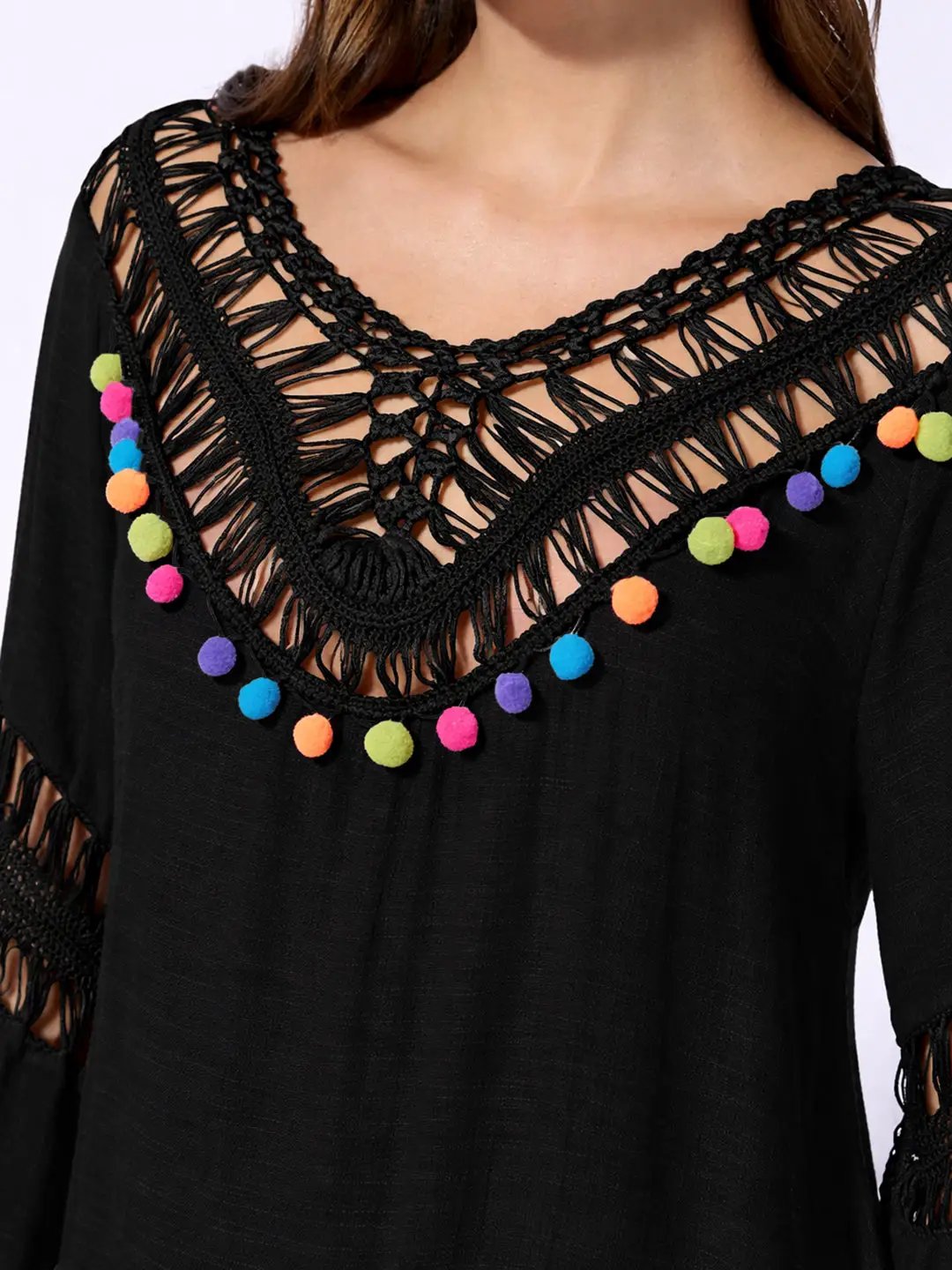 Women's Black Dress with Pom-Poms and Crochet Detail