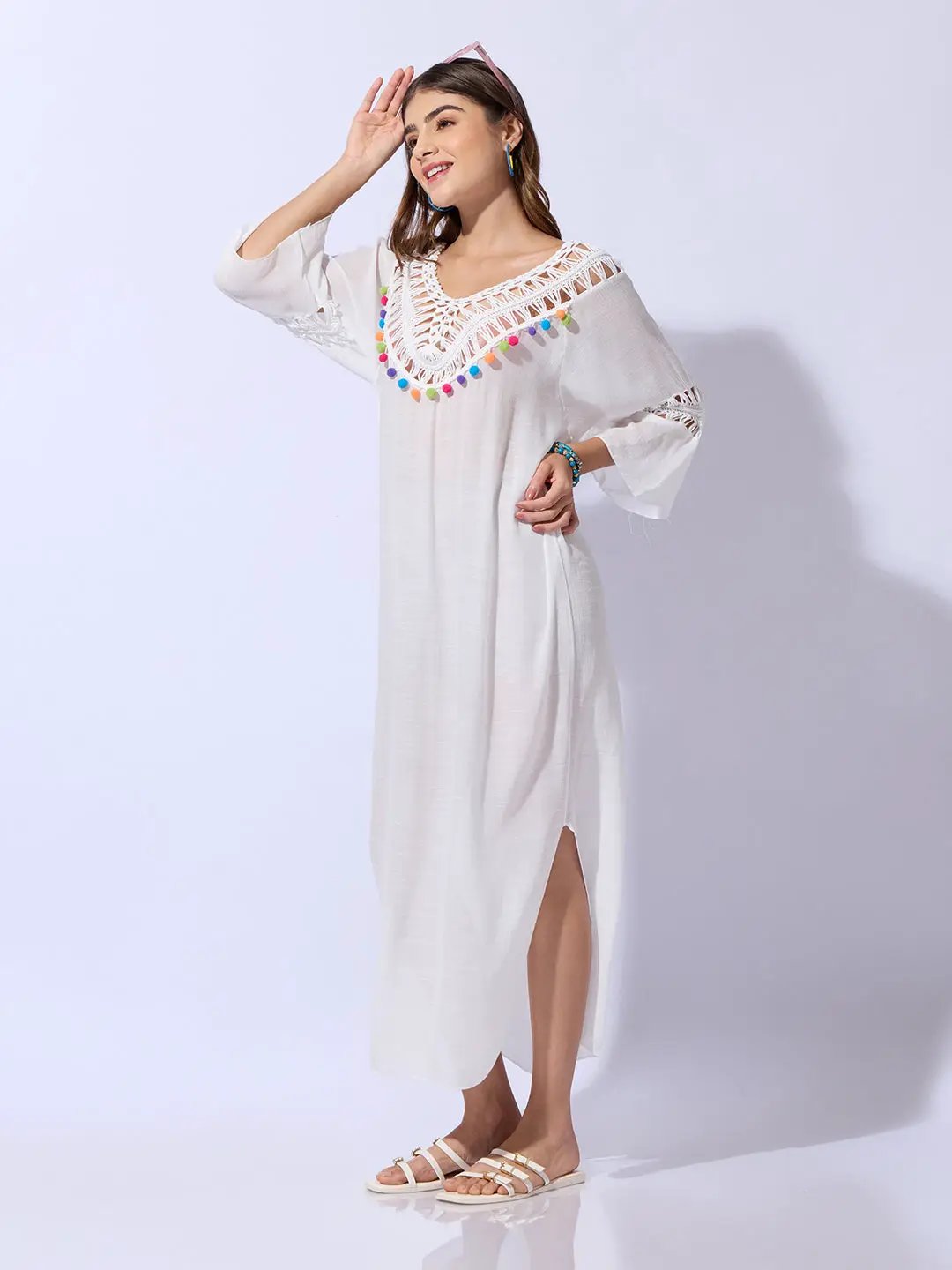 Women's White Dress with Pom-Poms and Crochet Detail