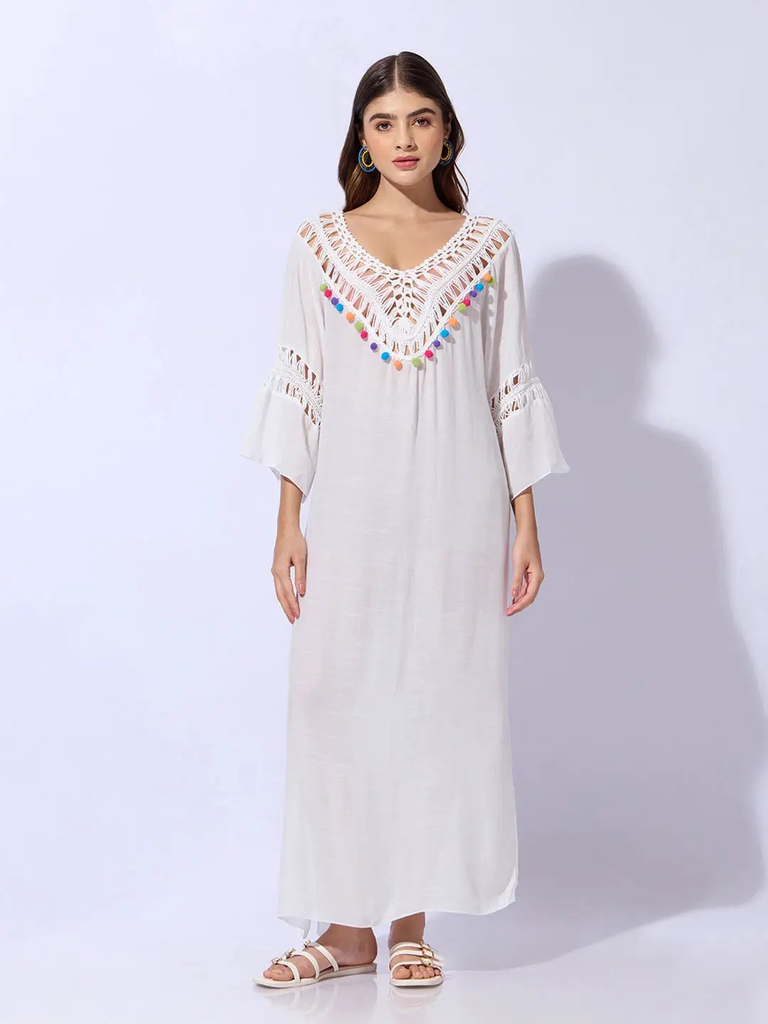 Women's White Dress with Pom-Poms and Crochet Detail