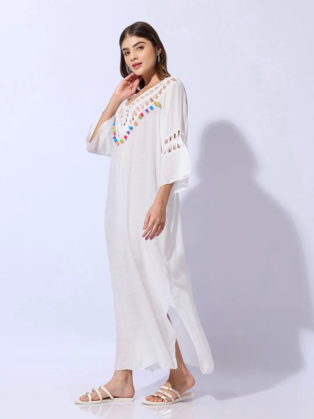 Women's White Dress with Pom-Poms and Crochet Detail