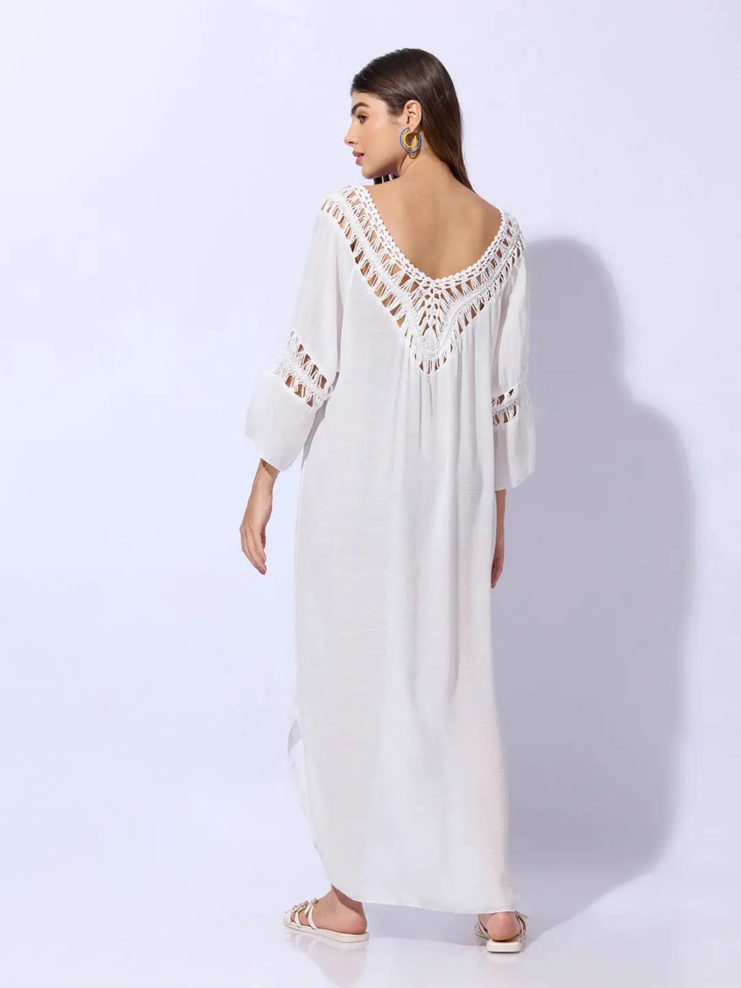 Women's White Dress with Pom-Poms and Crochet Detail
