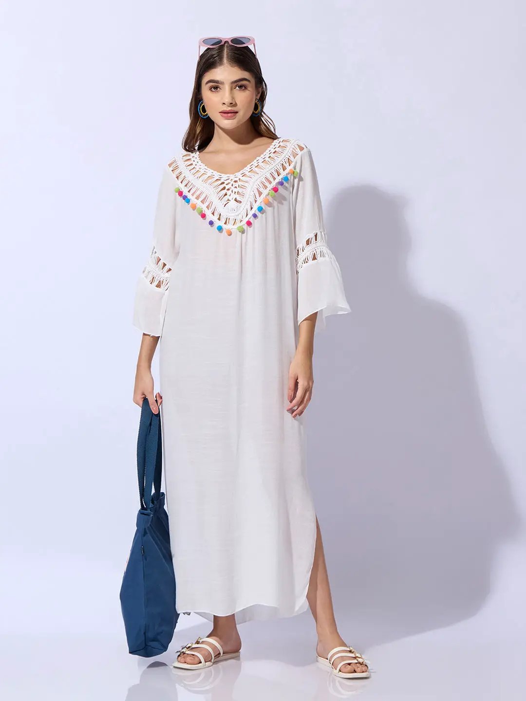 Women's White Dress with Pom-Poms and Crochet Detail